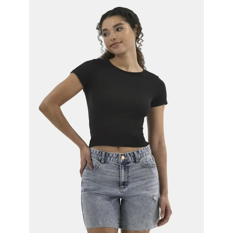 No Boundaries Seamless Crop Top with Short Sleeves, Women's | Walmart (US)