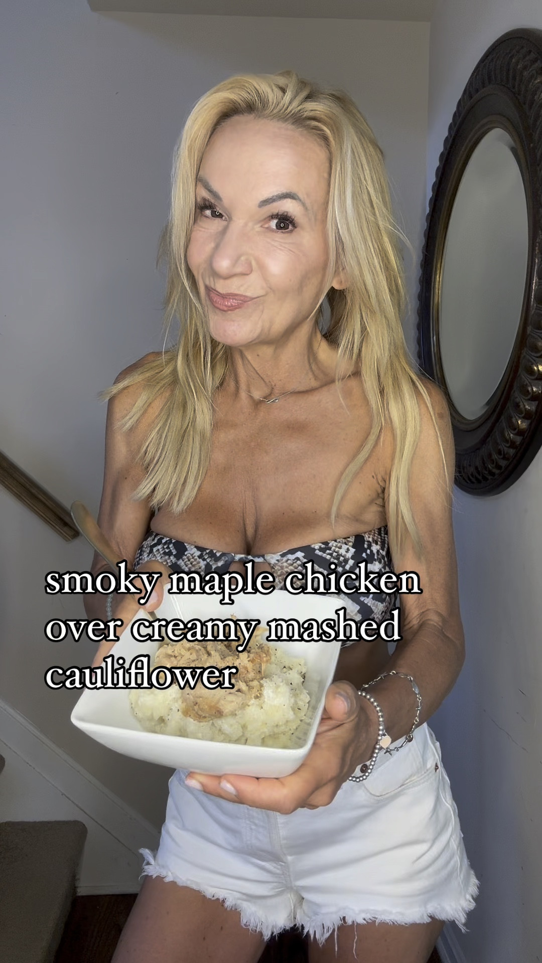 3 INGREDIENT SMOKY MAPLE PULLED CHICKEN + CREAMY MASHED CAULIFLOWER 

CHICKEN:
1 pound boneless skinless chicken thighs
1 tablespoon pure maple syrup
hickory smoked salt 

So simple…throw it all in a crockpot and cook till falling apart (about 4 hours on high or 8 on low) If you use a small crockpot you won’t need any additional liquid. 

Shred with a fork and enjoy!

Makes 2 large servings or 4 small. Large  serving is around 40 grams of protein and 340 calories. (I usually go for the large!)



CAULIFLOWER: 
12 ounce package frozen cauliflower 

1/2 cup plain 2% Greek yogurt 

salt and garlic pepper 

Cook cauliflower until soft, drain off the water. Mash in the yogurt (I use an old fashioned potato masher) and season to taste. 

Makes two servings- each contains 80 calories and 5 grams protein. 






Let me know if you try this yummy combo!

xoxo
Elizabeth 








#LTKActive #LTKVideo #LTKHome