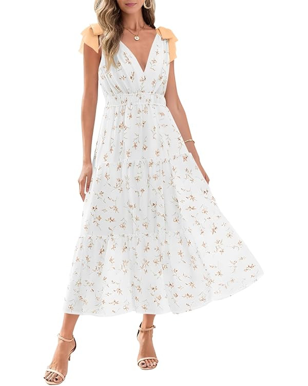 Wenrine Womens Summer Floral Maxi Dress Casual Self Tie Sleeveless V Neck Smocked Boho Tiered Bea... | Amazon (US)