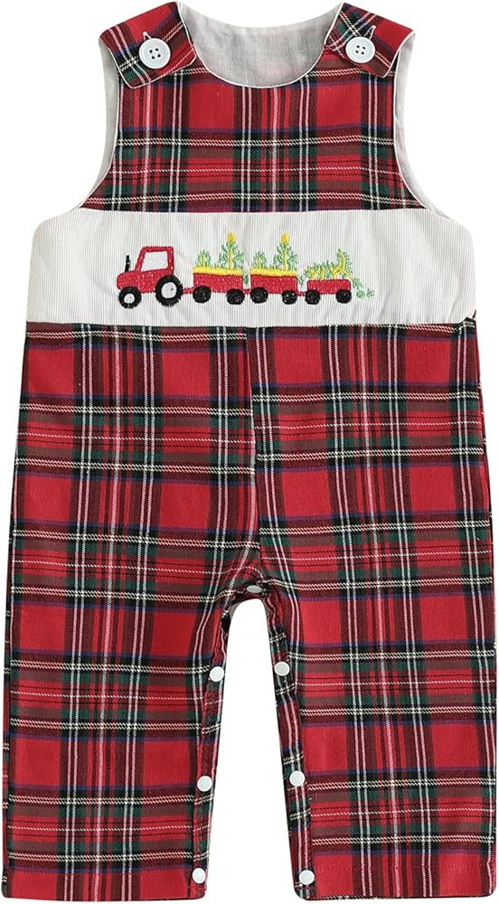 My First Christmas Baby Boy Outfit Newborn Plaid Santa Overalls Jumpsuit Smocked Romper Fall Chri... | Amazon (US)
