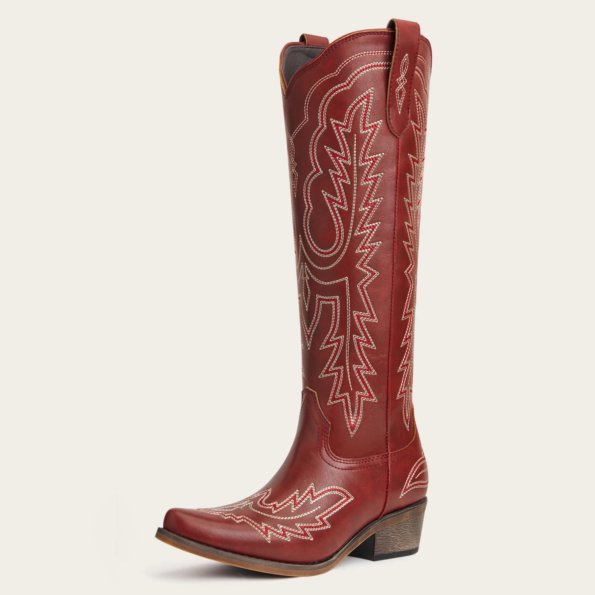 The Montana - Red Embroidered Snip Toe Tall Cowgirl Boots with Side Zipper | REDTOP