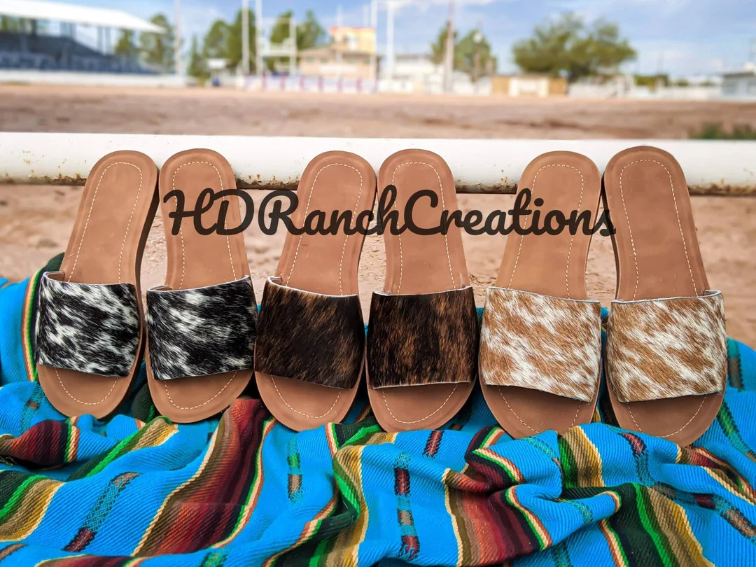Cow Print Leather Sandals Western Slides - Etsy | Etsy (US)