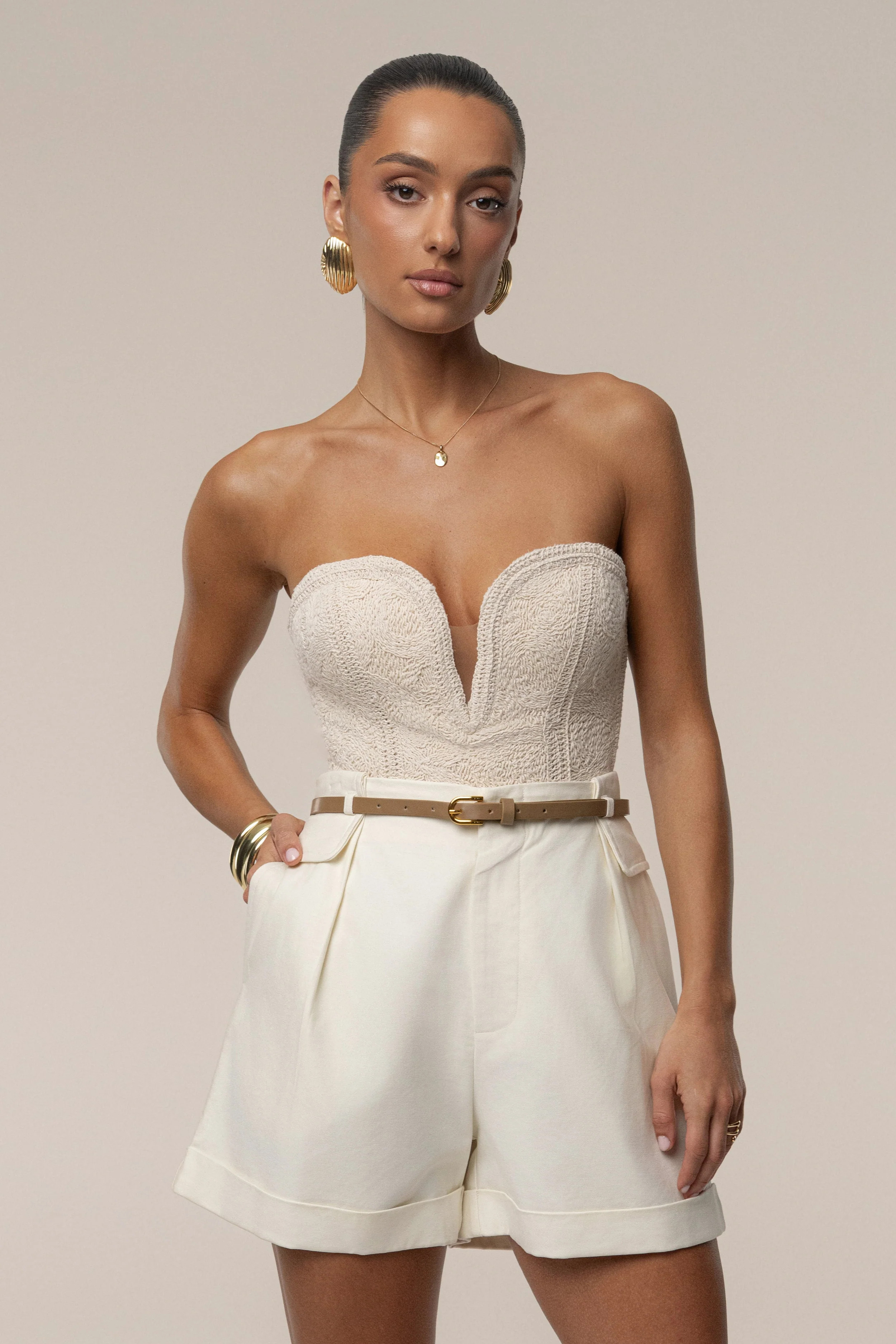Ecru Serene Coast Texture Bodysuit | JLUXLABEL
