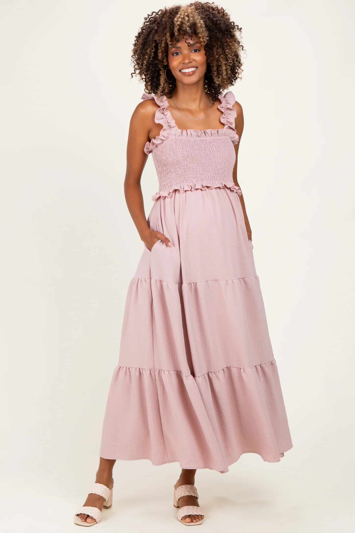 Light Pink Sleeveless Smocked Tiered Maxi Dress | PinkBlush Maternity
