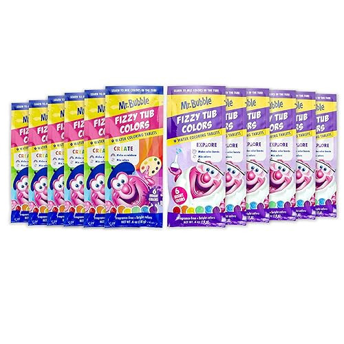 Mr. Bubble Fizzy Tub Colors Bath Water Coloring Tabelets, 6 Bright Colors, Red, Orange, Yellow, Purple, Blue and Green, Fragrance Free (12 Packets, 9 Tablets Each) | Amazon (US)