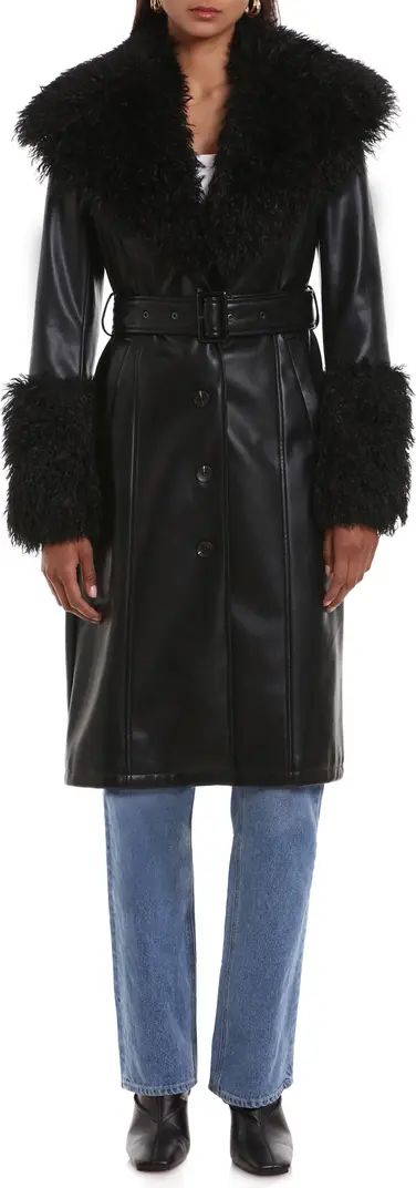 Belted Faux Leather Coat with Faux Fur Trim | Nordstrom Rack