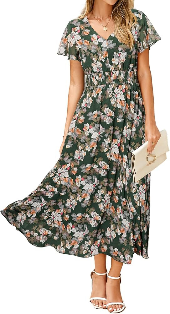 Simplee Womens Floral Maxi Dress Short Sleeve Summer Boho Wedding Guest Dress Empire Waist Chiffo... | Amazon (US)