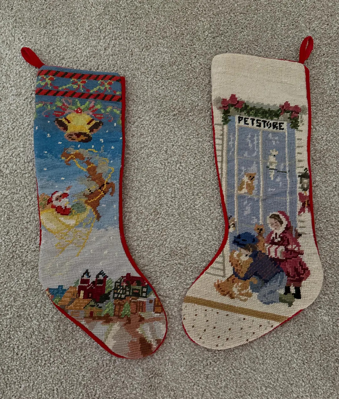 Embroidered Christmas Stockings – Santa Sleigh & Pets Store Scenes – Vintage-inspired Holiday... | Etsy (US)