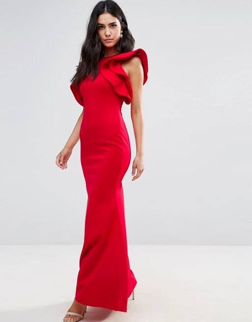 Club L Scuba Fishtail Maxi Dress With Extreme Ruffle Sleeve | ASOS US