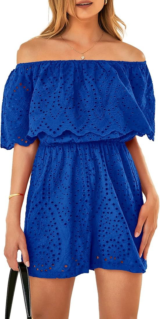 PRETTYGARDEN Women's Embroidery Rompers Dressy 2023 Summer Casual Off Shoulder Ruffle Shorts Jump... | Amazon (US)