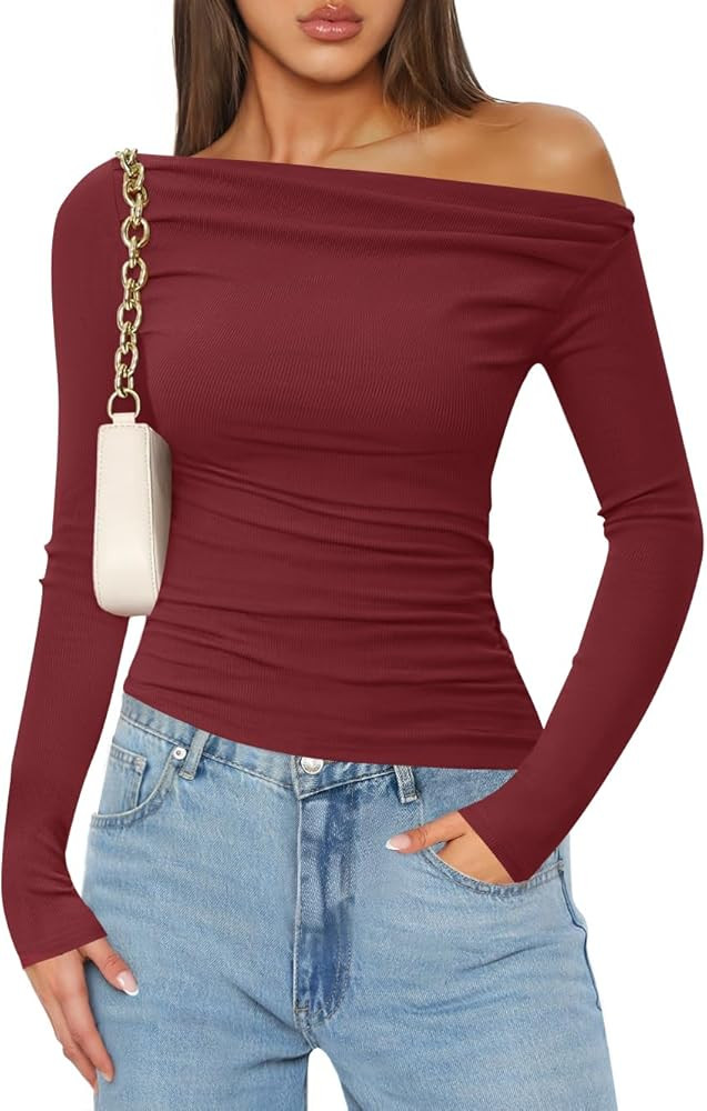 ZESICA Womens Off Shoulder Long Sleeve Tops Spring Casual Boat Neck Ruched Slim Fit Going Out Y2k... | Amazon (US)