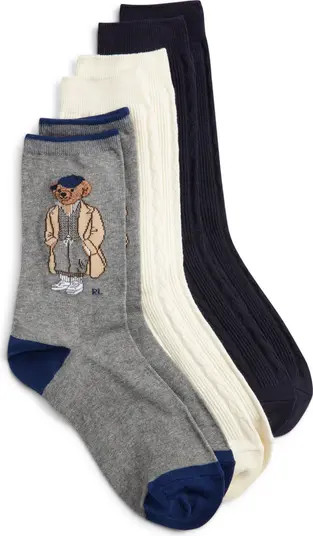 Polo Ralph Lauren Embroidered Fall Bear Assorted 3-Pack Cotton Blend Crew Socks | Nordstrom | Nordstrom