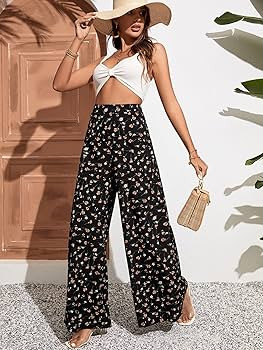 REDESYN Pants for Women Women's Pant Ditsy Floral Print Wide Leg Pants Pants (Color : Black, Size : Medium) | Amazon (US)