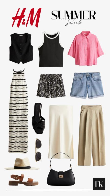 H&M New In - my favourite summer selects for the holiday season! Classical monochrome style with black and white vests, crochet knit beach dress and waistcoat, also a pop of pink (my favourite!), a classic pair of blue denim shorts and some luxury minimalist accessories including black sliders, sunglasses, Panama straw hat, brown chunky sandals and black bag 

#LTKtravel #LTKspring #LTKsummer