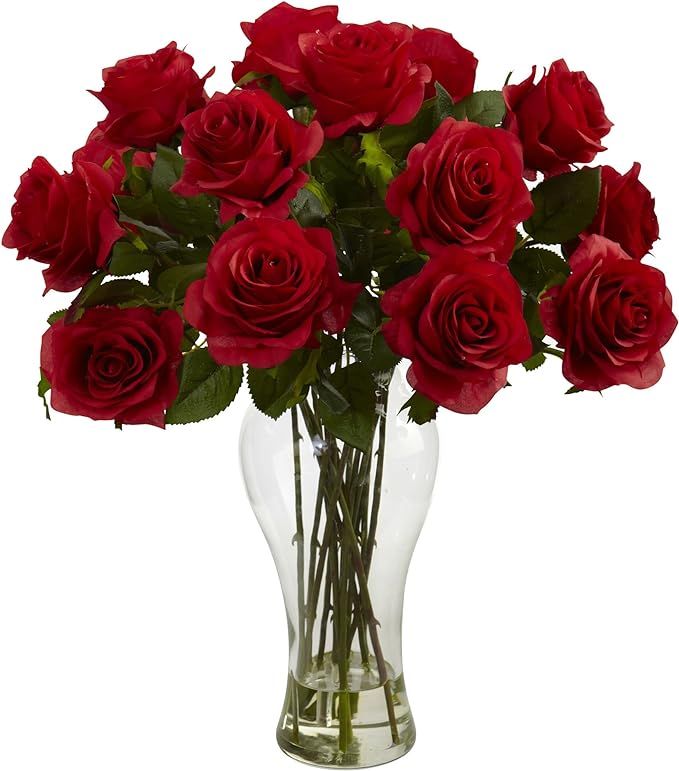 Nearly Natural 1328-RD 18in. Blooming Roses with Vase,Red,13x13x18 | Amazon (US)