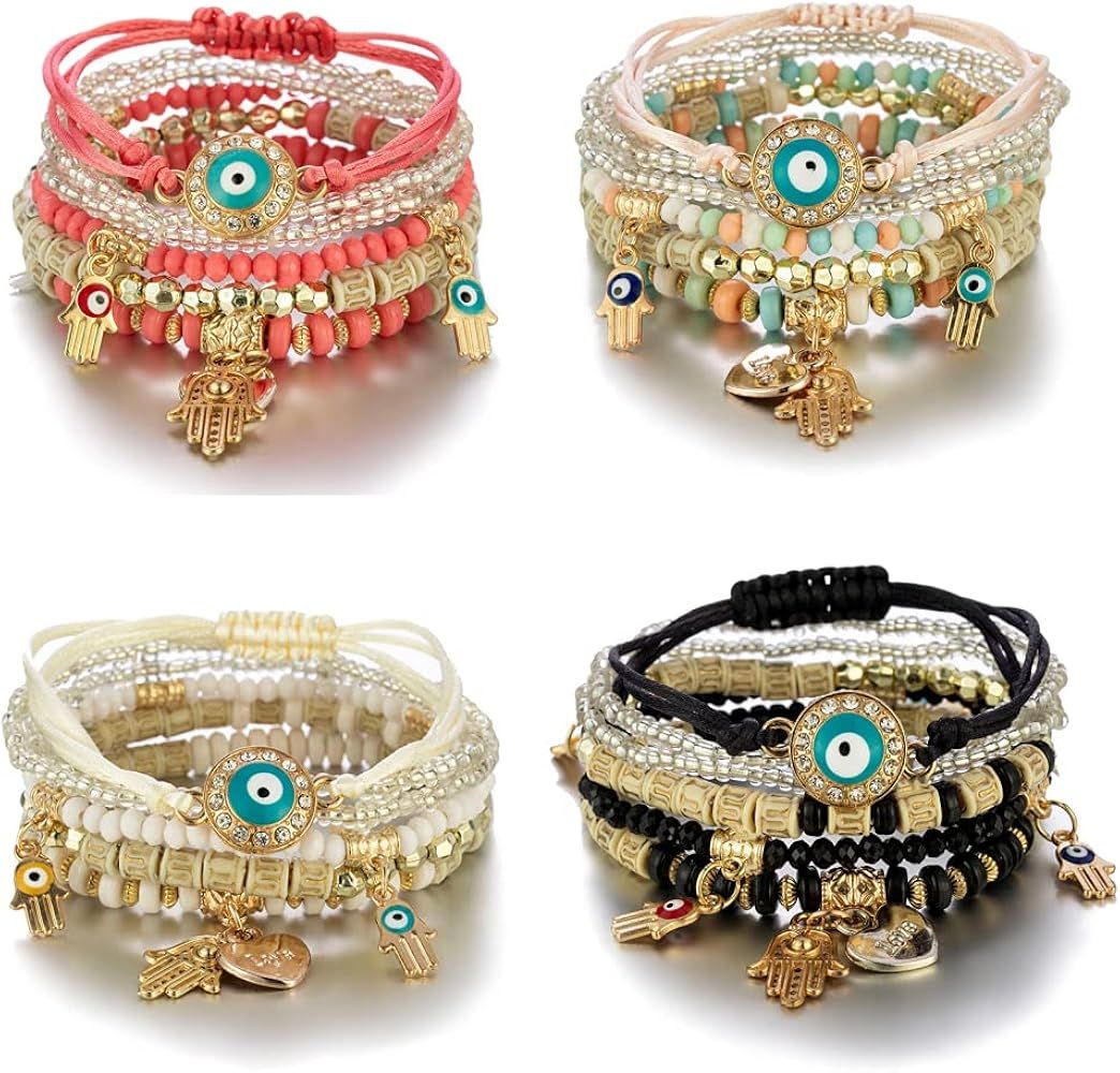 COLORFUL BLING 4/2 Sets Bohemian Stretch Beads Bracelets Multilayer Evil Eye Hamsa Hand Bracelet ... | Amazon (US)