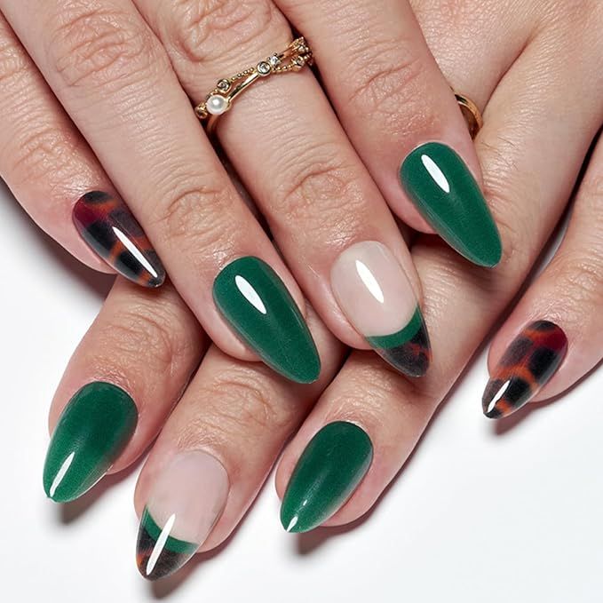 Green Press on Nails GLAMERMAID, Short Almond Fake Nails with French Tip, Glue on Nails | Amazon (US)