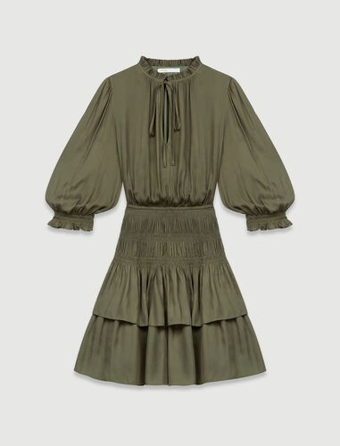 Satin dress with smocking and ruffles | Maje US