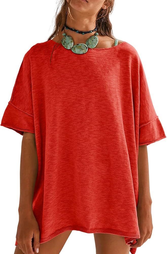 Tankaneo Women's Oversized T Shirts Casual Summer Crew Neck Loose Dropped Short Sleeve Side Slit ... | Amazon (US)