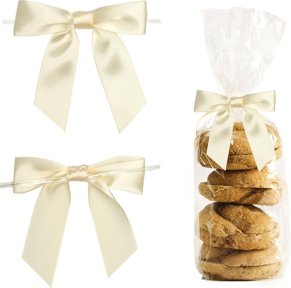 Ivory Twist Tie Bows for Treat Bags 3.5" Pre-Tie Ivory Bows Cream Satin Ribbon Bows for Gift Wrap... | Amazon (US)