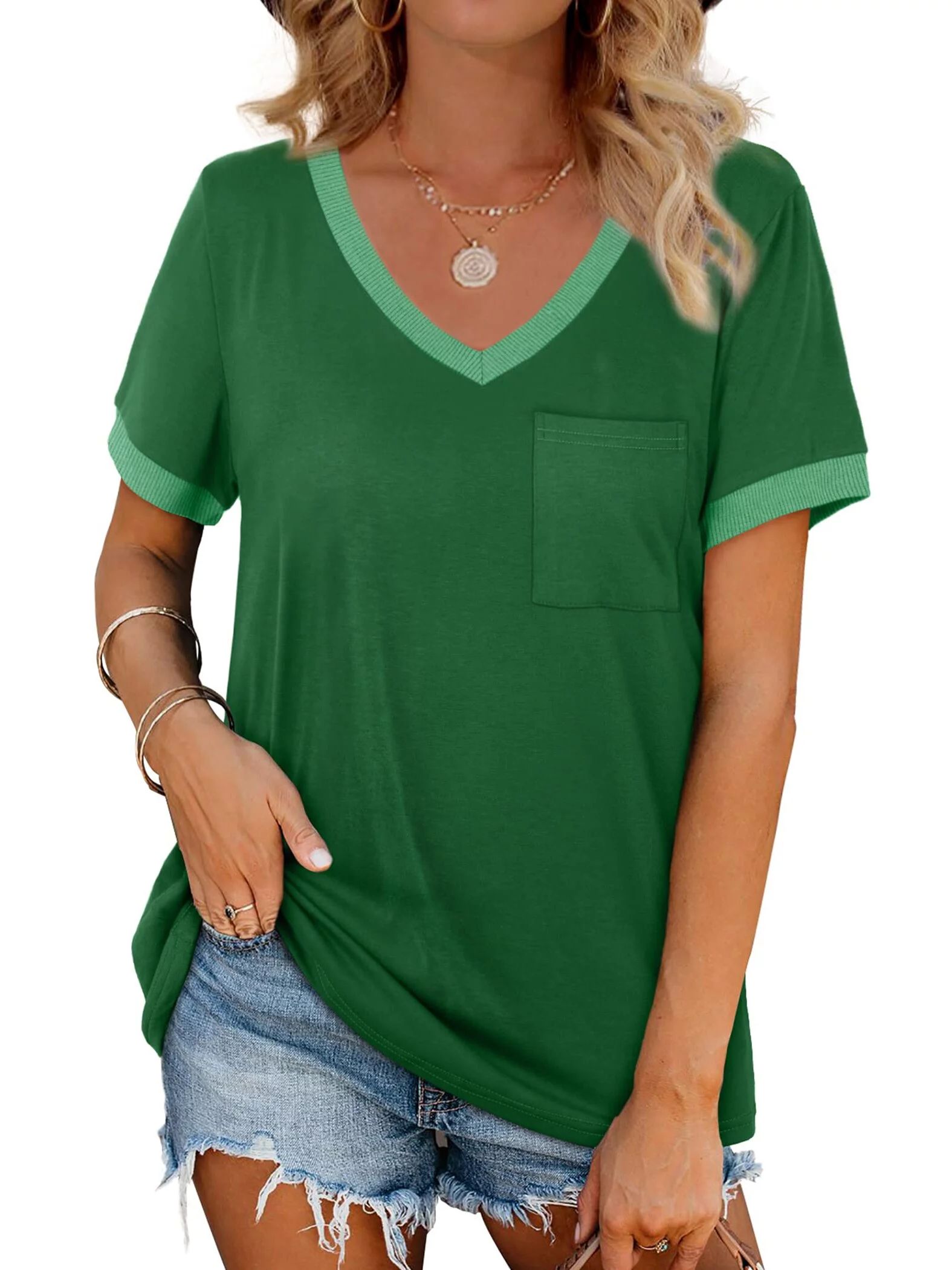 MOSHU V-Neck Women T Shirts Short Sleeve Loose Summer Tops for Women with Pocket | Walmart (US)