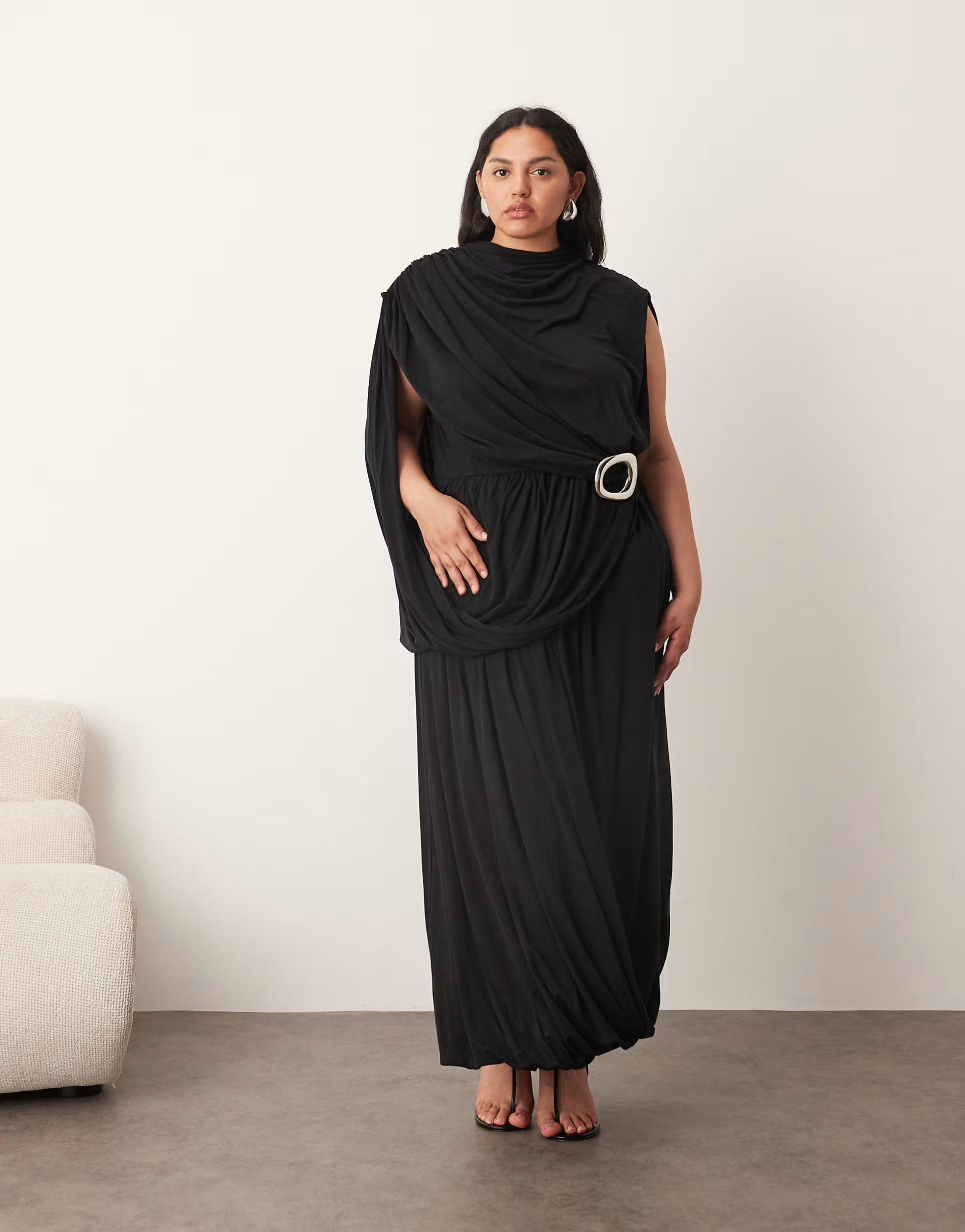 ARRANGE Curve sleeveless draped hem midi dress with buckle trim detail in black | ASOS (Global)