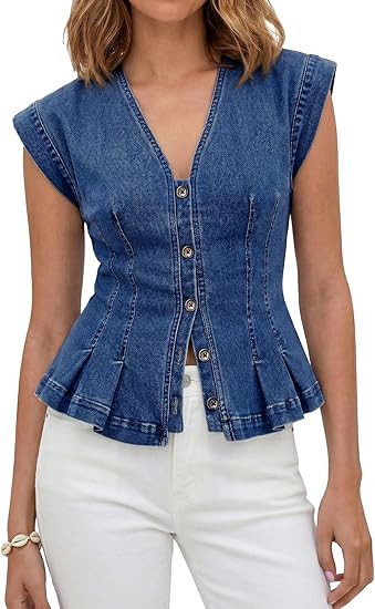 Tankaneo Womens Denim Vests Tops Summer Casual Y2k Fitted Pleated Jean Tops | Cap Sleeve, V Neck,... | Amazon (US)