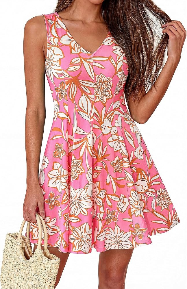 BTFBM Womens Summer Dresses 2026 Spring Casual Sleeveless Floral Knit Flowy A-Line Mini Dress Poc... | Amazon (US)