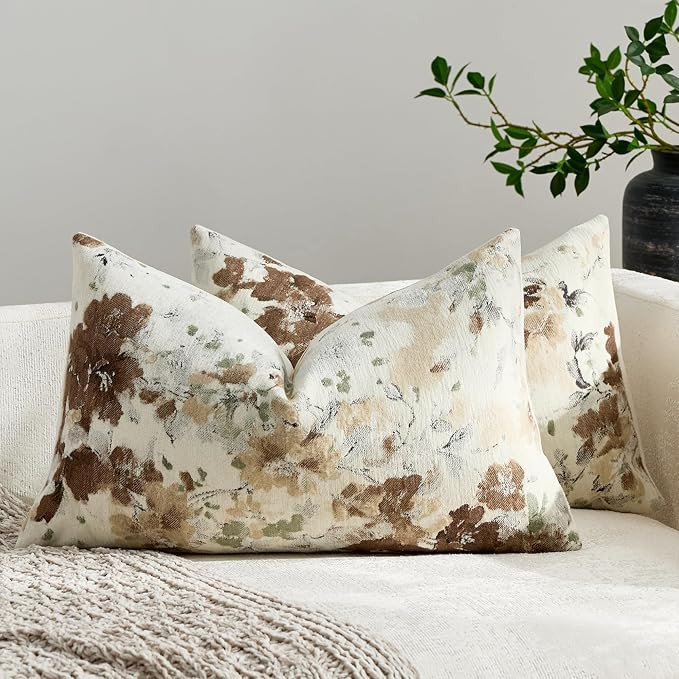 Vintage Floral Throw Pillow Covers 12x20 Inch Set of 2, Brown | Chenille Decorative Pillow Covers... | Amazon (US)
