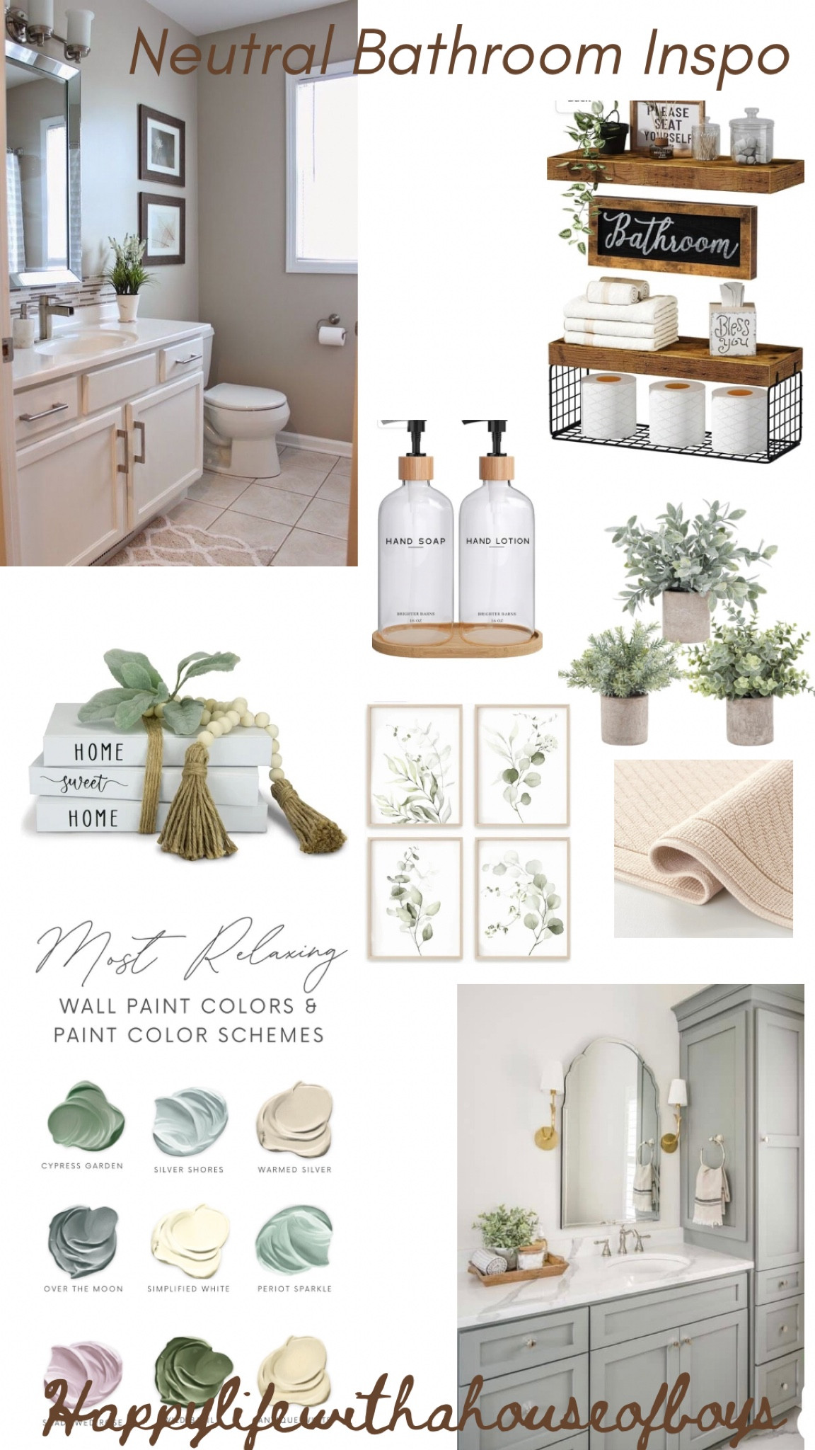 #neutralbathroom #bathroomdecor #neutralcolors #tans #whites #creams #browns #mintgreen #bath #bathrug #wallart #soapdispensers #bathroomplants

#LTKhome #LTKstyletip