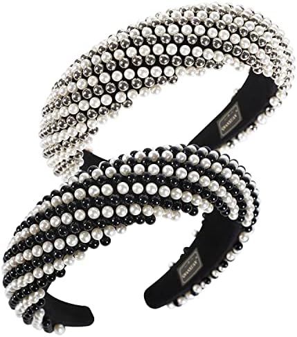 QIANXUAN Fashion Headbands For Women's Hair White Pearl Headbands For Girls Black Padded Headband... | Amazon (US)