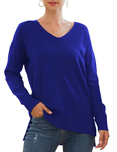 Jouica Women's V-Neckline Long Sleeves Knitted Sweaters and Pullovers Tops for Women,Royal Blue,Medium | Amazon (US)