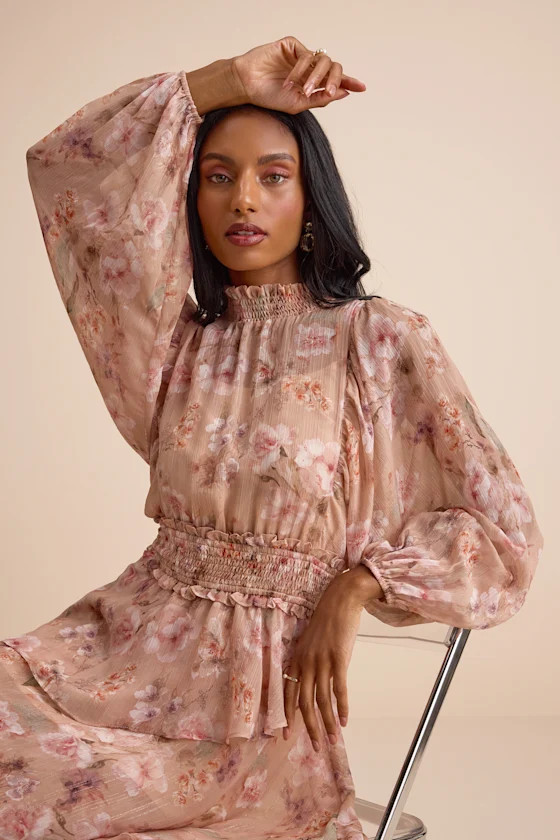 Wexler Peach Floral Tiered Mock Neck Long Sleeve Maxi Dress | Lulus