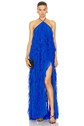 PatBO Ruffle Halterneck Maxi Dress in Ultramarine | FWRD | FWRD 