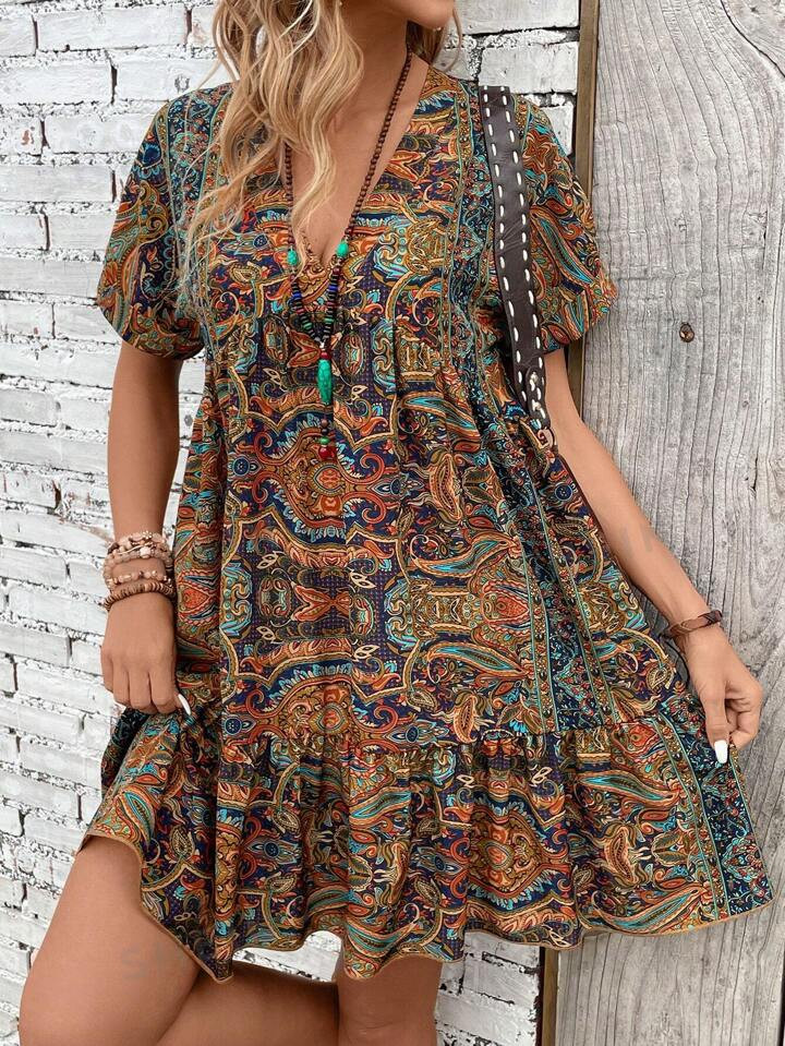 SHEIN BohoFeels Women Vacation Contrast Striped Ruffle Hem Tie Neck Dress | SHEIN