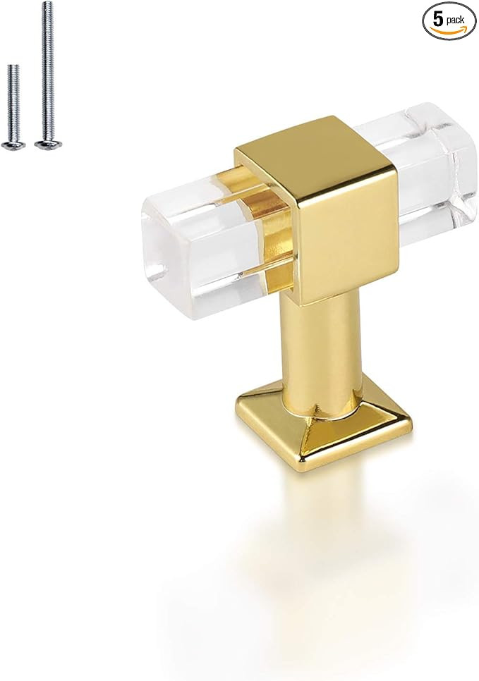 Mengico 5 Pack Gold Cabinet Knobs Kitchen Cabinet Pulls Lucite Drawer Pull Crystal Cabinet Handle | Amazon (US)