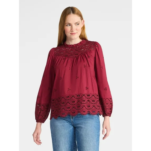 Time and Tru Women's Cotton Eyelet Blouse with Long Sleeves, Sizes XS-XXXL | Walmart (US)