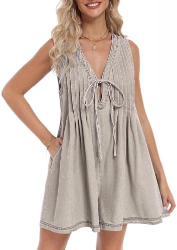 Women's Denim Romper Casual Summer Sleeveless Jean Romper Tie Front V Neck Ruffle Jean Short Over... | Amazon (US)