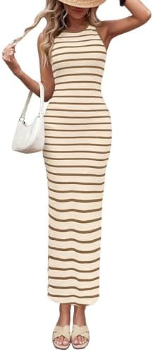 PRETTYGARDEN Sundresses for Women 2026 Summer Striped Knit Side Slit Spring Fashion Bodycon Maxi ... | Amazon (US)