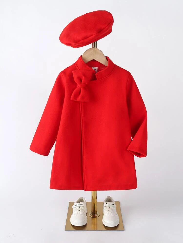 Toddler Girls Bow Front Overcoat & Hat | SHEIN
