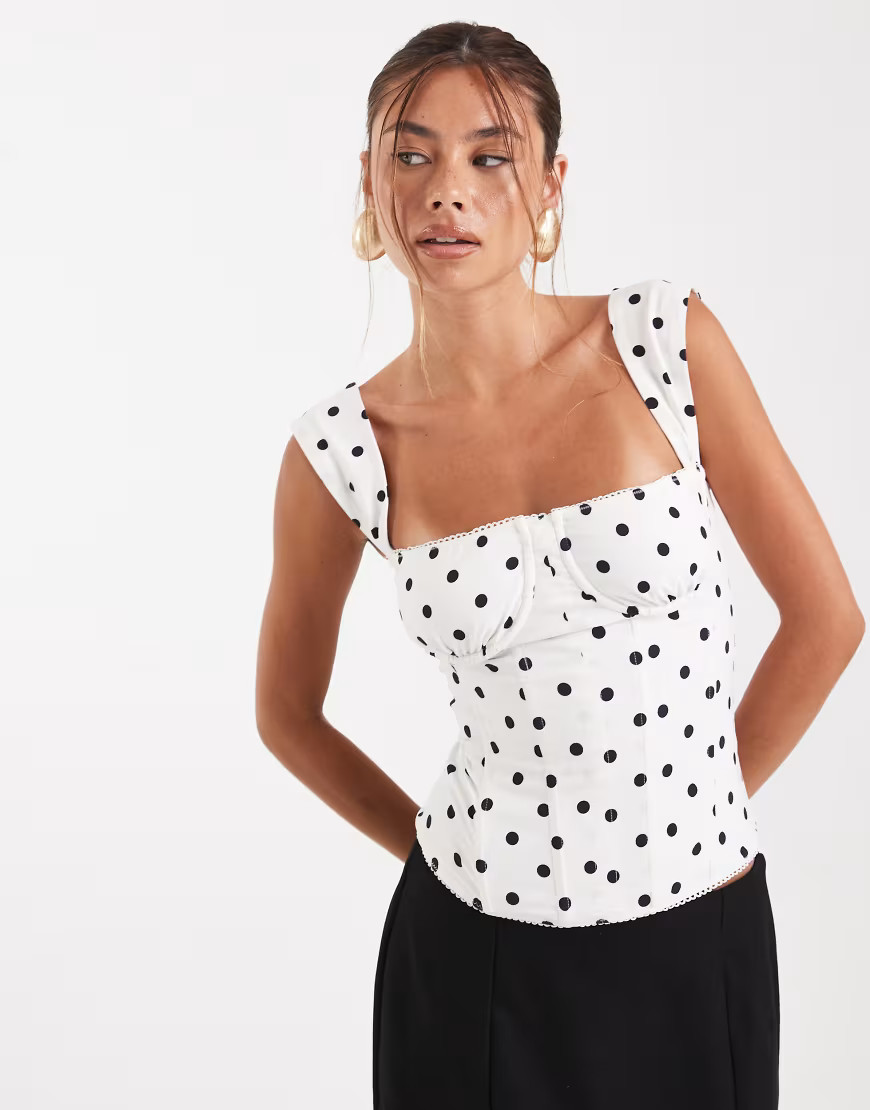 WeWoreWhat ruched cup corset top in black and white polka dot | ASOS (Global)