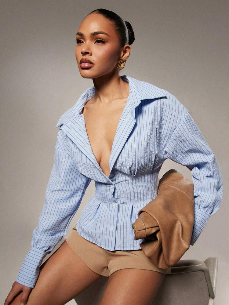 Hauture Women's Casual Striped Button-Front Cinched Waist Shirt, Autumn | SHEIN