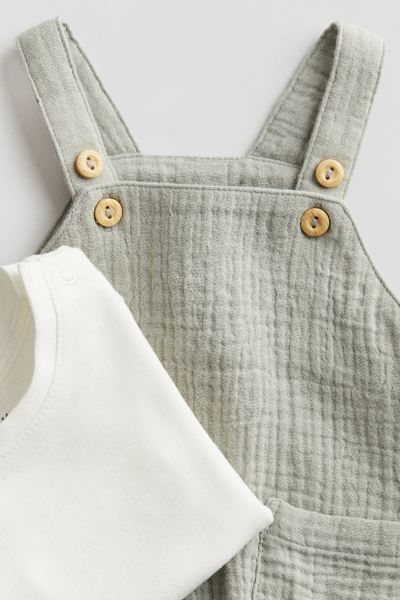 2-piece Cotton Set - Light khaki green/white - Kids | H&M US | H&M (US + CA)