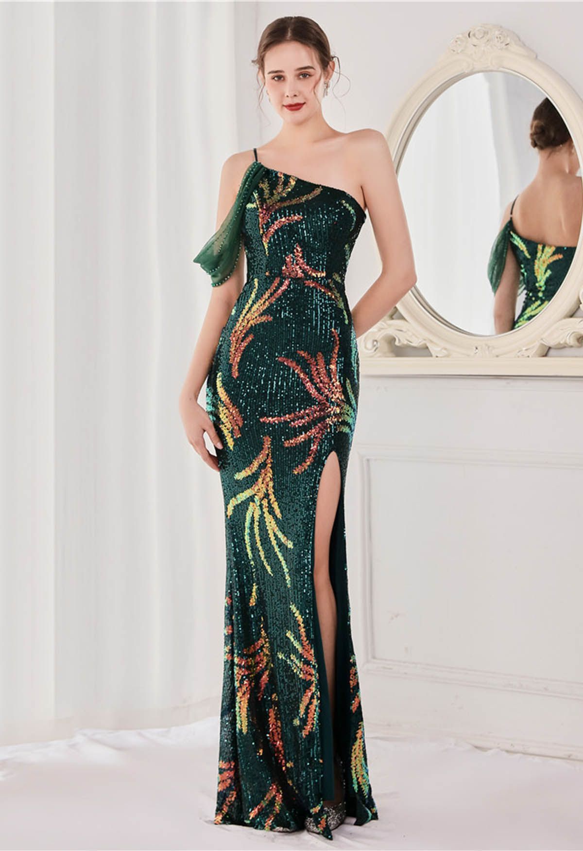 One-Shoulder Front Slit Sequined Maxi Gown in Dark Green | Chicwish