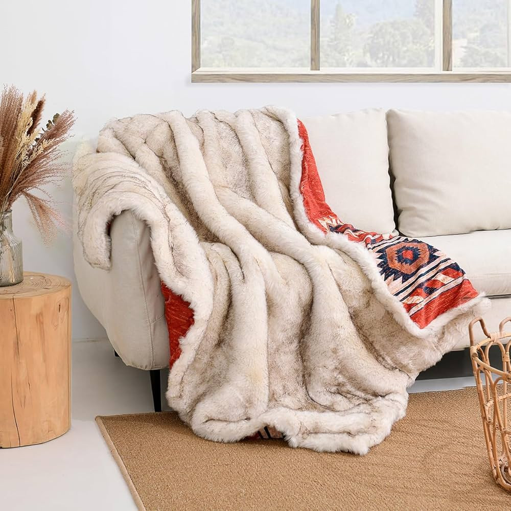 Luxury Plush Faux Fur Throw Blanket with Aztec Pattern, Super Warm, Fuzzy, Elegant, Fluffy Decora... | Amazon (US)