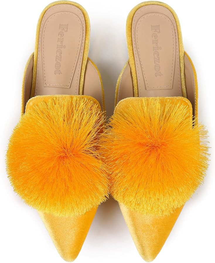Fericzot Slip On Mule Backless Loafers Flats Puff Pompom Pointed Toe Casual Shoes Slippers | Amazon (US)