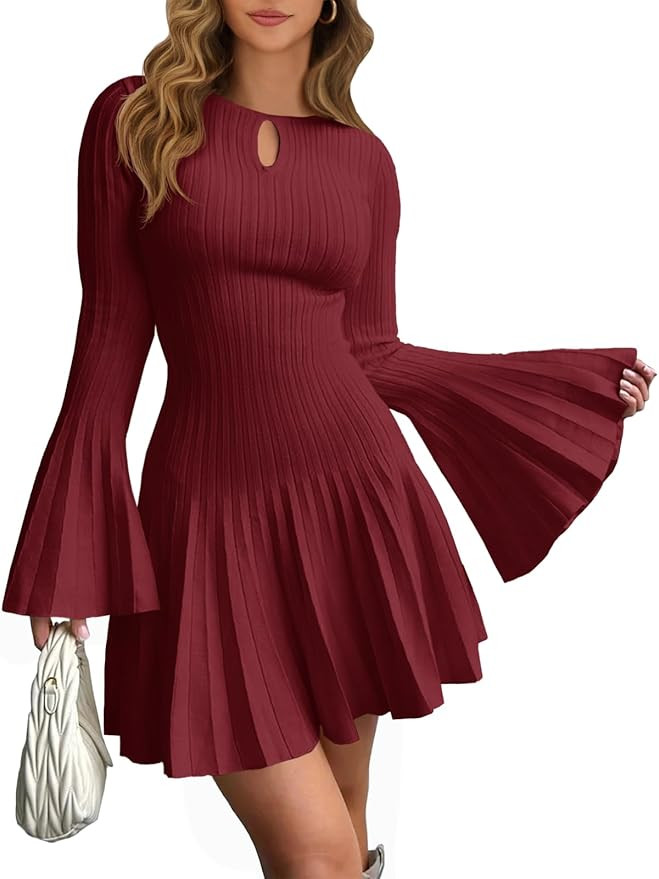 Saodimallsu Womens Long Bell Sleeve Mini Knit Dress Flowy A Line Pleated Bodycon Crew Neck Elegan... | Amazon (US)