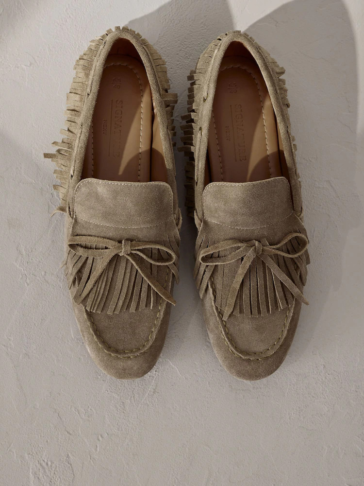 Buy Khaki Green Signature Premium Suede Fringe Boat Shoes from Next Ireland | Next EU
