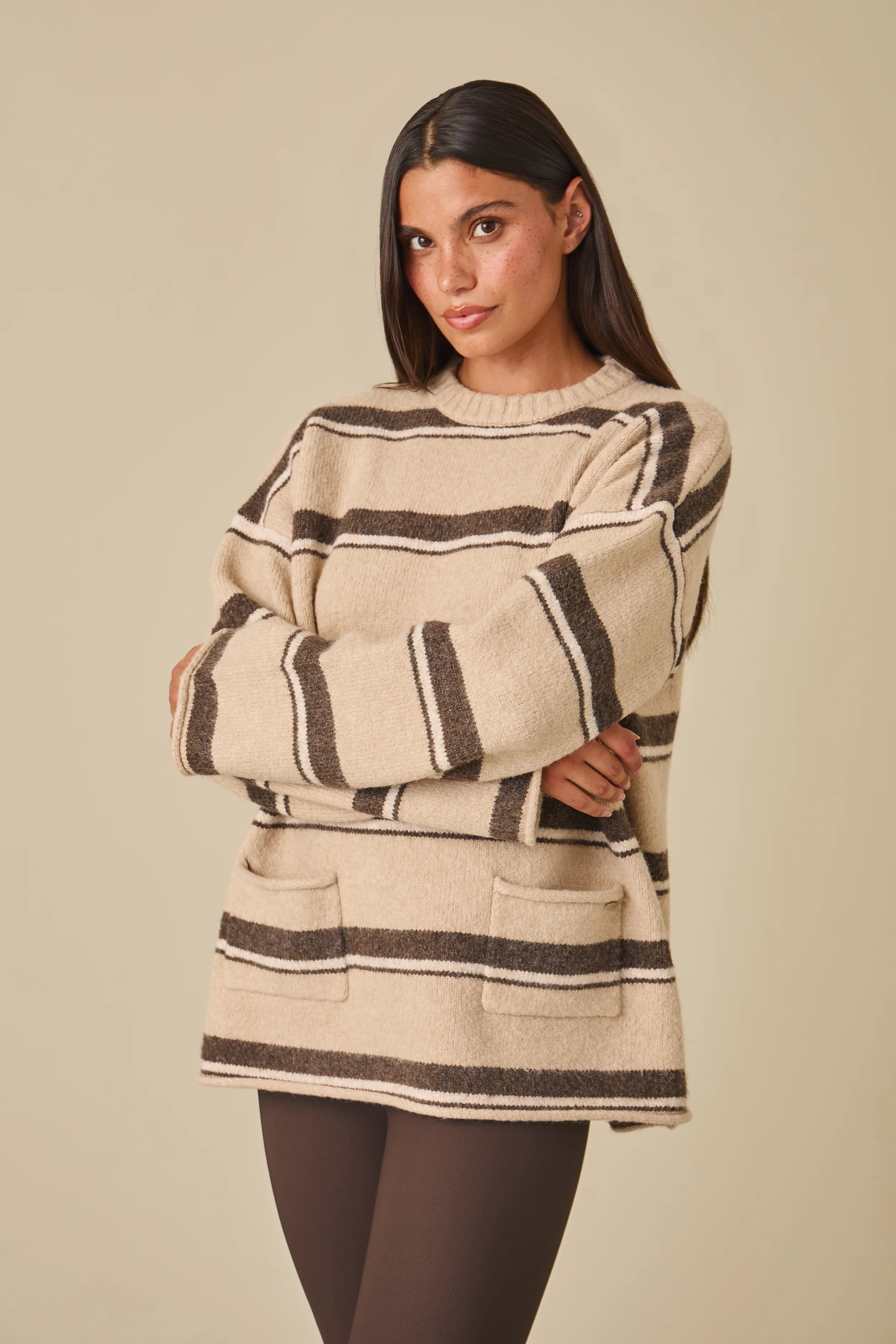 Oversized Stripe Knitted Crew Neck Jumper - Oatmeal | Reasn