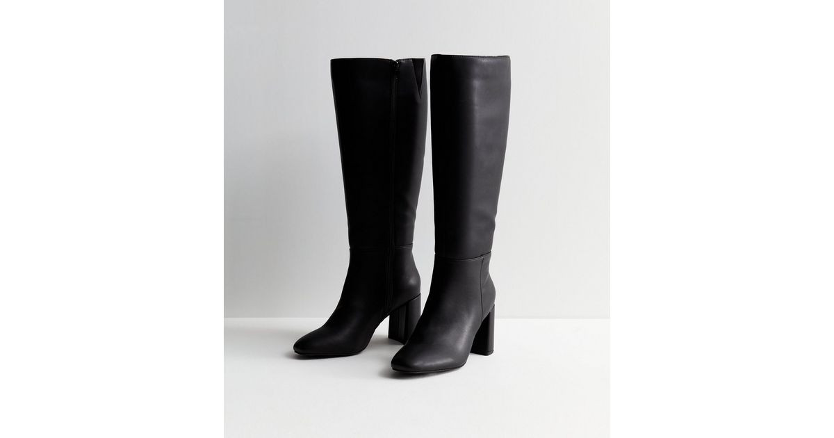Black Leather-Look Stretch Block Heel Knee High Boots | New Look | New Look (UK)